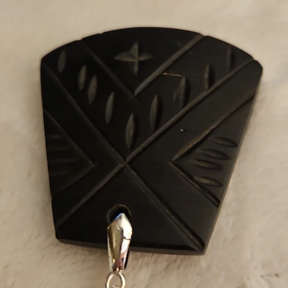 Vintage 1970s Black Geometric Carved Lucite Tribal Pendant Rope Necklace